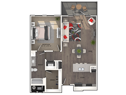 Floor plan for 1 bed, 1 bath, 872 sqft